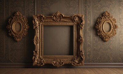 Ornate vintage frames, damask backdrop, intricate details,  floral,  motif,  gold