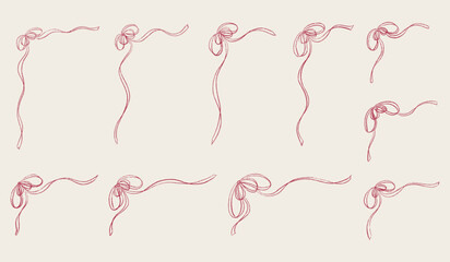 Hand drawn coquette outline bow ribbon corner frame set. Chalk wavy pencil texture doodle borders collection. Different sizes: wedding invitation, greeting card, postcard design. Vector illustration