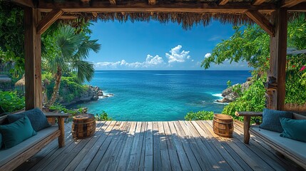 Fototapeta premium A wooden terrace overlooking a beautiful tropical ocean with palm trees frames a perfect vacation getaway under a clear blue sky.