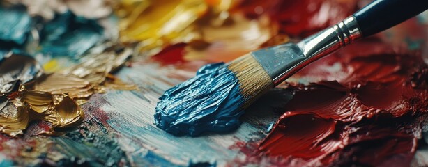 Obraz premium A close-up view of a paintbrush with vibrant blue paint strokes on a colorful canvas. showcasing an artist's creative process in an art studio filled with vivid colors