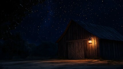 Naklejka premium Rustic wooden barn bathed in starlight on a dark night.