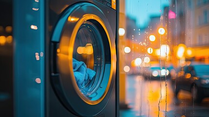 Close-up view of a modern washing machine with clothes inside. featuring raindrops on the glass. set against a blurred urban night background with colorful lights