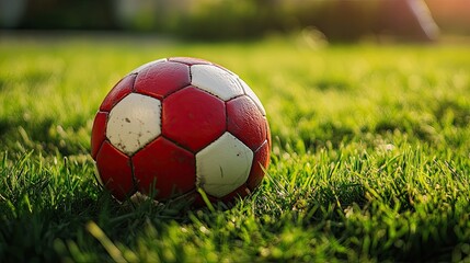 Obraz premium A close-up view of a weathered red and white soccer ball resting on lush green grass. with blurred trees and a warm sunset creating a serene outdoor atmosphere