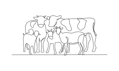 One continuous line drawing of various animal for sacrifice in the Eid Adha Mubarak vector illustration. Cow, sheep, camel and goat for celebration in the Islamic holiday in linear style concept.