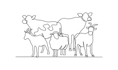 One continuous line drawing of various animal for sacrifice in the Eid Adha Mubarak vector illustration. Cow, sheep, camel and goat for celebration in the Islamic holiday in linear style concept.