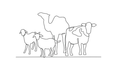 One continuous line drawing of various animal for sacrifice in the Eid Adha Mubarak vector illustration. Cow, sheep, camel and goat for celebration in the Islamic holiday in linear style concept.