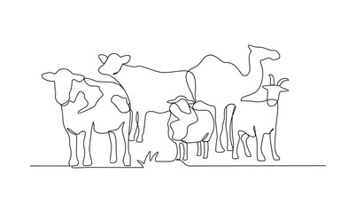 One continuous line drawing of various animal for sacrifice in the Eid Adha Mubarak vector illustration. Cow, sheep, camel and goat for celebration in the Islamic holiday in linear style concept.