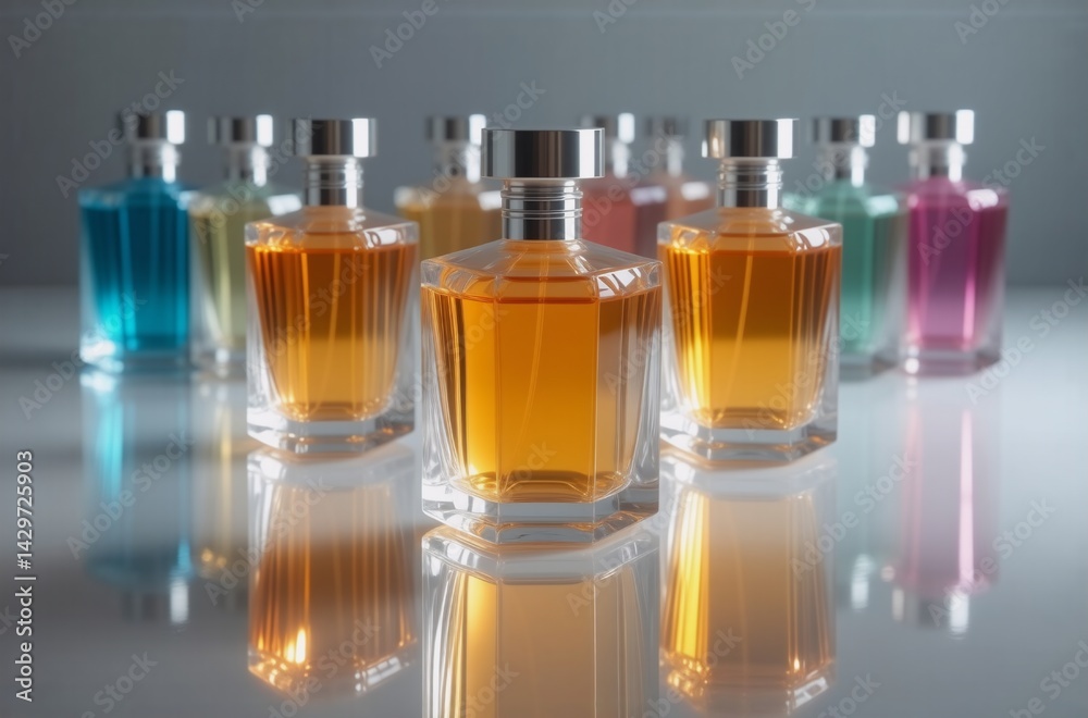 Poster a collection of colorful perfume bottles with varying shades, displayed on a reflective surface, sho