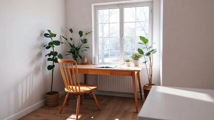 wooden chairs and empty tables in the corner of the room with large windows and ornamental plants,wall,lamp,furniture