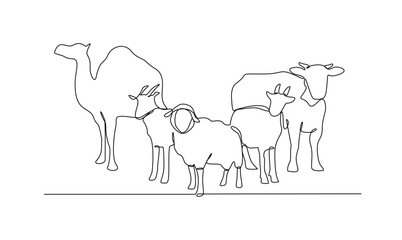 One continuous line drawing of various animal for sacrifice in the Eid Adha Mubarak vector illustration. Cow, sheep, camel and goat for celebration in the Islamic holiday in linear style concept.
