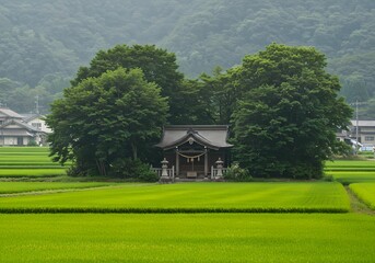 Fototapeta premium 田園にたたずむ小さな神社と豊かな緑の風景 — 日本の原風景