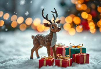 Christmas Reindeer with Gift Boxes on Snowy Background and Bokeh Lights"