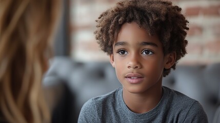 A young boy sits on a sofa talking with a psychologist during therapy, receiving support for mental health issues.