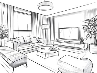 Modern Living Room Sketch: Elegant Interior Design Drawing