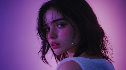 Fototapeta premium Woman with Tears on Face Under Purple Light in Studio