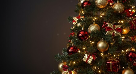 Festive Christmas Tree Decorated with Red and Gold Ornaments and Lights