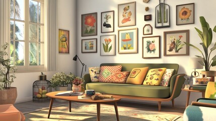 Cozy sunlit living room with colorful art, flowers, and pillows. Relaxing scene