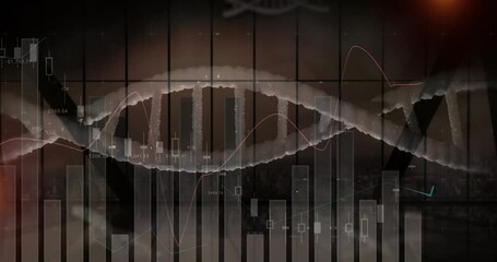 3D-rendered DNA helix twisting across dark interface, showing candlestick bars and line graphs - Powered by Adobe