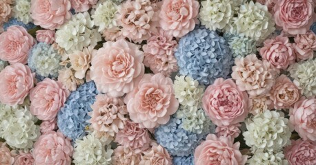 Soft pastel artificial flower wall; vintage rose, peony, hydrangea mix  ,  romantic background,  home decor,  summer background