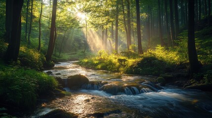Obraz premium Sunbeams pierce a misty forest stream.