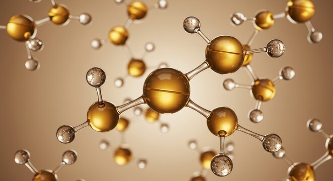 Abstract molecular structure with gold and silver atoms for scientific research and nanotechnology advancements