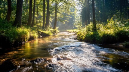 Fototapeta premium Sunlight streams through a tranquil forest creek.