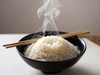 Steaming hot white rice in black bowl with chopsticks, traditional Asian food concept. Generative AI