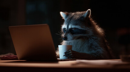 Raccoon using laptop computer at night drinking coffee meme funny animal picture stock photo image download