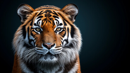 Obraz premium Tiger Portrait: A close-up portrait of a majestic tiger stares directly at the viewer, capturing its piercing gaze, striped fur, and powerful presence against a dark background. 