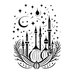 Black and white ornate silhouette of mosque