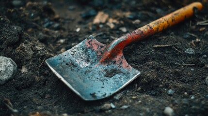 Close-Up of a Weathered Shovel with a Rusty Handle on Dark Soil Surrounded by Small Stones
