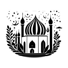 Graphic Black and White Mosque Silhouette with Floral