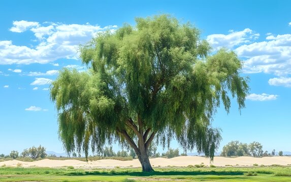 Majestic Weeping Willow Tree in Sunny Desert Landscape
