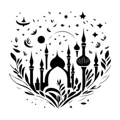 Ornate Silhouette: Mosque, Moon, and Stars Design
