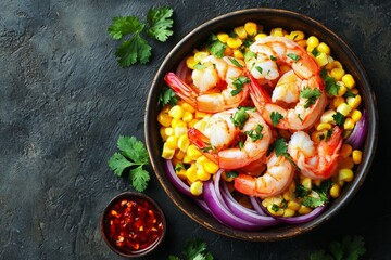 A bowl of yellow corn with shrimp and fish