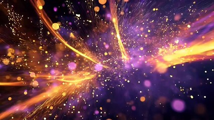 Exploding particles and glowing streaks in a vibrant purple and orange space. - Powered by Adobe