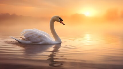 A graceful Swan gliding over a crystal-clear lake at sunrise, its pure white feathers reflecting the warm hues of the golden sky. 