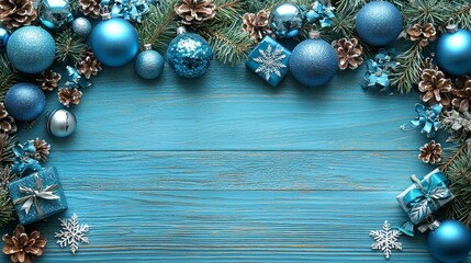 Blue themed festive decor on blue painted wood
