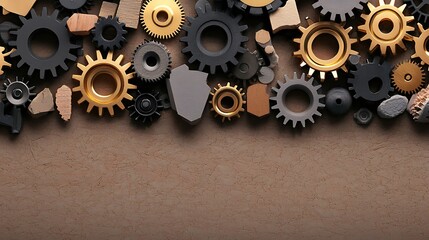 Gears, stones, and bits lay scattered across the surface, with space for text