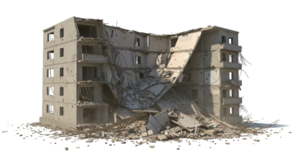 Partially Collapsed Concrete Building with Exposed Rebar and Rubble Pile