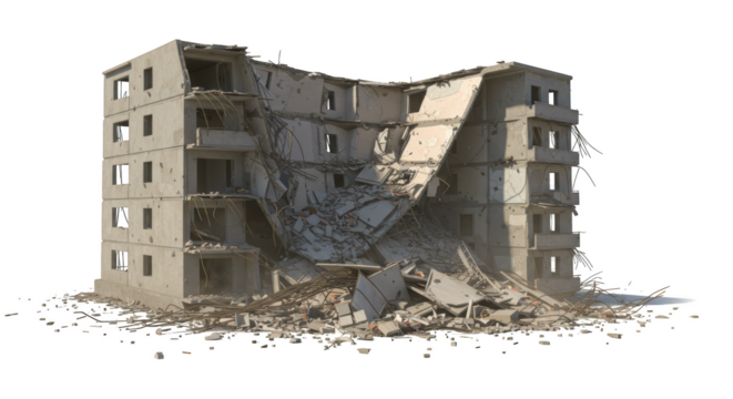 Partially Collapsed Concrete Building with Exposed Rebar and Rubble Pile