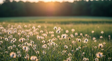 Pastel Wildflower Field with White Petals and Golden Centers in Spring Meadow with Soft Focus and Lush Green Backdrop