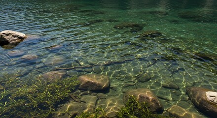 Dynamic Sunlight on Crystal Clear Lake Water with Visible Smooth Rocks and Green Vegetation Accentuated by Serene Landscape