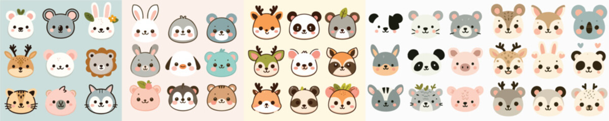 cute animal head vector illustration set