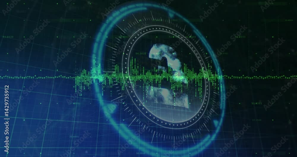Aufkleber central circular hud element being displayed over grid showing green waveform on 3d globe render