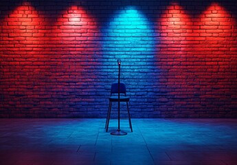 Empty stage with microphone and chair, illuminated by vibrant spotlights, in front of a brick wall