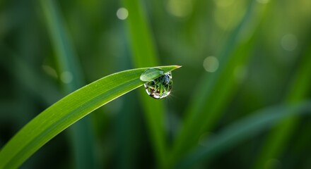 Luminous Dewdrop on Emerald Green Leaf Macro with Soft Bokeh Background