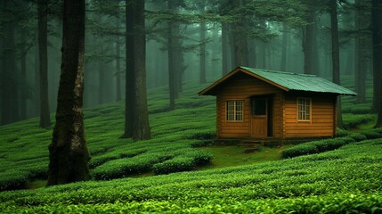 Wooden cabin nestled in a misty tea plantation