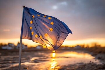 Elegant eu flag waving in sunset sky banner art  
