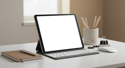 Fototapeta premium Corporate desktop setup with blank tablet, closed notebook, and clean accessories